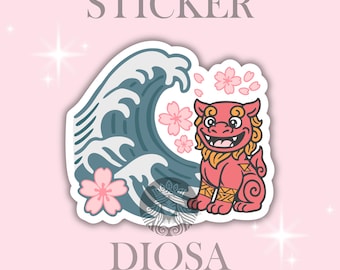 Okinawa Shisa Sticker: Wave, Sakura, Good Luck, Lion-Dog, Good Fortune, Ward off Evil Spirits