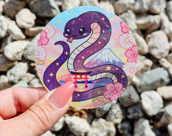 Kawaii Serpent of Sakura Dreams Holographic Sticker - Road Tax Sticker, Japan, Chibi