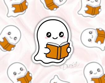 Ghost Reading Book Sticker: Spooky Halloween Vinyl Decal
