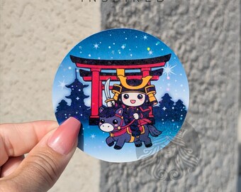 Kawaii Samurai and Torii Gate Holographic Sticker - Road Tax Sticker, Japan, Chibi
