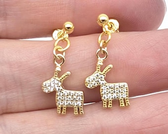 18K Gold Vermeil Sterling Silver CZ Reindeer Dangle Earrings; Christmas Earrings, Holiday Earrings