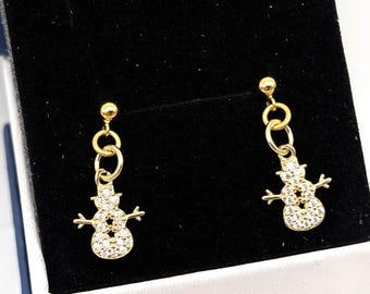 18K Gold Vermeil Sterling Silver CZ Snowman Dangle Earrings; Christmas Earrings, Holiday Earrings