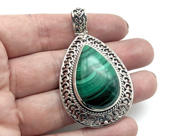 Large Vintage Sterling Silver & Malachite Pendant - 2.25"