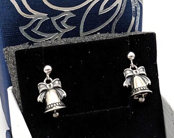 Sterling Silver Holiday Bow Bell Dangle Earrings; Oxidized Earrings, Christmas Earrings