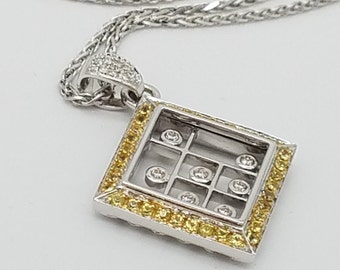 Estate 18k White Gold, Yellow Sapphire & Diamond Pendant, 18" Wheat Chain
