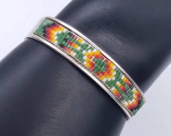 Vintage Beadwork Native American Navajo Sterling Silver Cuff Bracelet Signed OO