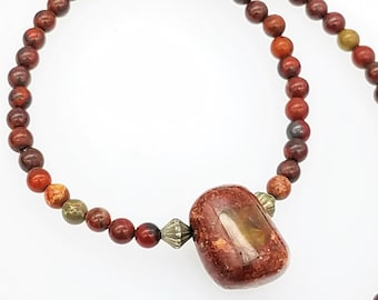 Mexican Matrix Opal Agate Pendant on a Red Jasper Bead Necklace - 18"