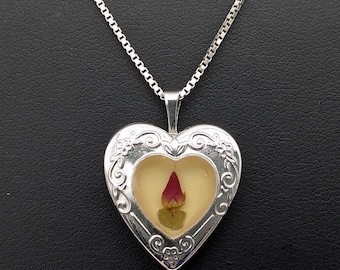 Vintage Sterling Silver Rosebud Heart Pendant Necklace - 18"