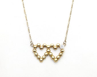 Vintage Gold Over Sterling Silver & CZ Double Heart Pendant Necklace - 16-17.5", Adjustable