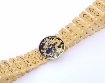 Vintage Bamboo Belt With Enamel Dragon Buckle -  Adjustable to 37"