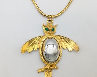 Rare Signed Hattie Carnegie Gold & Silver Plated Owl Pendant Necklace - 18.5"