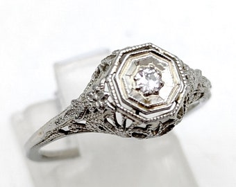 Antique 18k White Gold Filigree Old European Cut Diamond Engagement Ring - Size 6