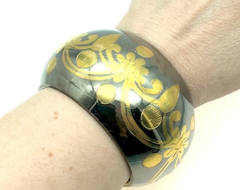 Wide Vintage Etched Brass Bangle Bracelet Made in India