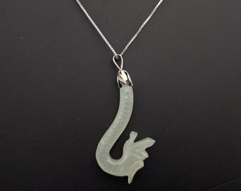 Vintage Carved Icy Green Jade Dragon Head & Sterling Silver Pendant Necklace -