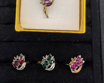 New Old Stock 14K Gold Plated & CZ Floral Spray Cocktail Ring