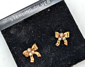 Vintage Sterling Silver & CZ Gold Vermeil Bow Earrings