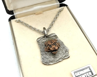 Old Stock 14K Gold Plated Pewter Wolf Head Pendant Necklace, Jewels by Carl