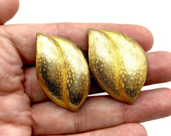 Textured Gold Plated Leaf Clip Earrings Signed Richard Kerr - 1 5/8"