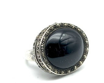 Bold Vintage Sterling, Black Onyx & Marcasite Statement Ring - Size 7