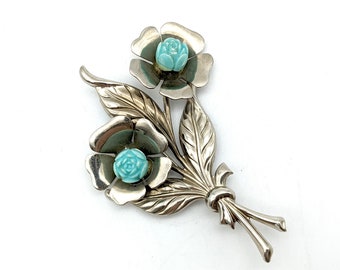 Vintage Silver Tone & Carved Resin Flowers Brooch