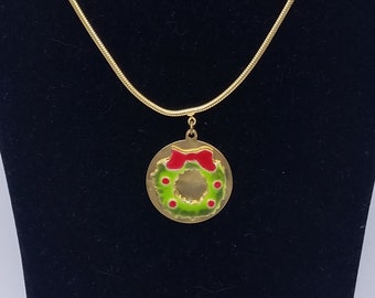 Vintage Gold, Red & Green Enamel Christmas Wreath Necklace on an Adjustable Length Snake Chain 12-18"