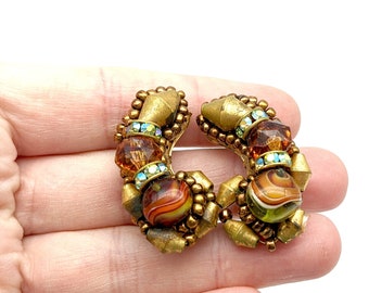Signed Hobe Multi-Color Curved Beaded Glass & Rhinestone Clip Earrings
