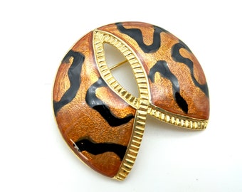 Signed M. Jent Abstract Orange, Black & Gold Tone Brooch