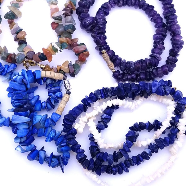 Your Choice: Gemstone Chip Bead Necklaces, Quartz, Lapis, Agate, Amethyst or Mother of Pearl - 17"