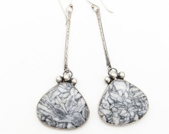 Vintage Pinolith Stone & Brushed Sterling Silver Dangle Earrings