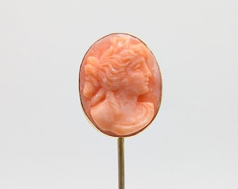 Antique 14K Gold & Carved Pink Coral Cameo Stick Pin - 2.25"