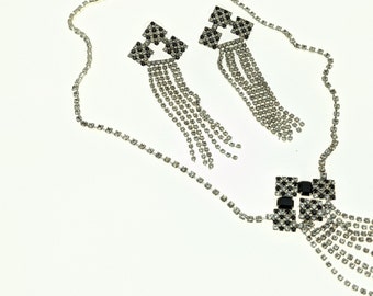 Bold Vintage Rhinestone and Silver Tone Earring & Necklace Set