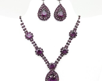 Signed Purple Rhinestone Crystal and Gunmetal Gray Pendant Necklace & Dangle Earrings Set