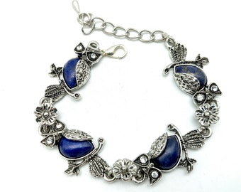 Vintage Silver Tone & Faux Blue Lapis Owl Link Bracelet - 7-9" Adjustable