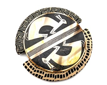Vintage Inlay & Etched Tribal Rabbits/Hares Brooch Signed Charles Mayer