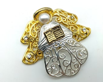 Vintage Faux Pearl, Gold & Silver Tone Angel Brooch With Bible