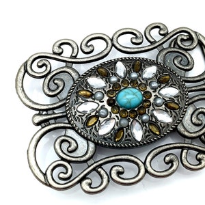 Vintage Gunmetal Gray, Faux Turquoise & Rhinestone Ladies Belt Buckle