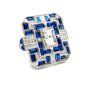 Vintage Silver Plated Blue Crystal Art Deco Style Statement Ring - Size 7.5