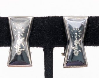 Vintage Niello Siam Sterling Silver and Black Enamel Mekhala Lightning Goddess Bow-Shaped Clip Earrings