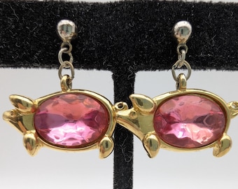 Vintage Trifari Pink Crystal Pig Dangle Earrings