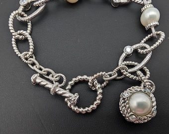 Judith Ripka Sterling Silver, Diamonique, & Faux Mabe Pearl Link Toggle Bracelet - 7.5"