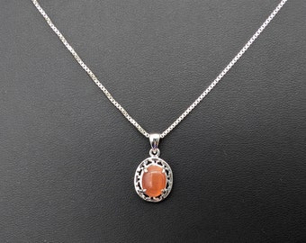Vintage Orange Carnelian & Sterling Pendant Necklace - 18"