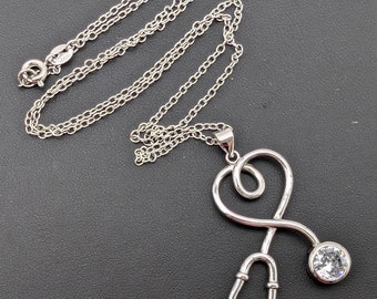 Vintage Sterling Silver Heart CZ Stethoscope Pendant Necklace - 18"