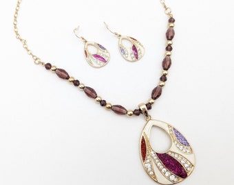 Old Stock Rhinestone & Pink Enamel Earring and Pendant Necklace Set