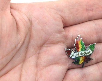 Vintage Sterling Silver & Guilloche Enamel Port Arthur Canada Maple Leaf Brooch - 1 5/8"