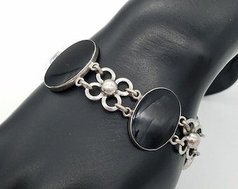 Vintage Sterling Silver Black Onyx & Floral Link Bracelet Signed BB Sterling - 7.25"