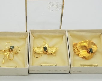Gold-Plated Leaf Brooches With Genuine Jade Accents, Prestige by Coro, Old Stock - Your Choice of Styles