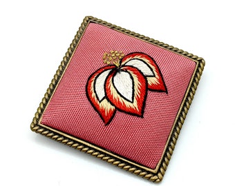 Vintage Hand-Embroidered Silk Flowers Brooch/Pendant Signed Gum Ha