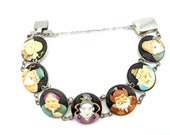 Signed Toshikane Hand-Painted Porcelain 7 Gods Bracelet in Sterling Silver, 7 panels - 7.25 quot
