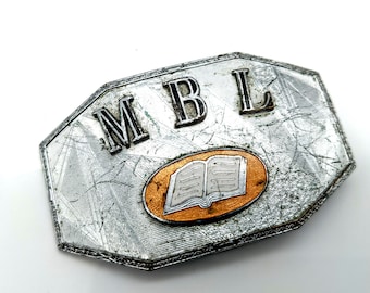 Vintage Silver Tone & Orange Enamel MBL Book Belt Buckle