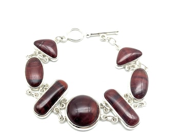 Vintage Sterling Silver & Abstract Cut Red Jasper Link Bracelet With Toggle Clasp - 7.75"